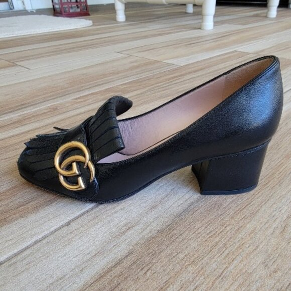 Gucci Black Leather Marmont GG Fringe Platform High Heels Shoes Eur. 35